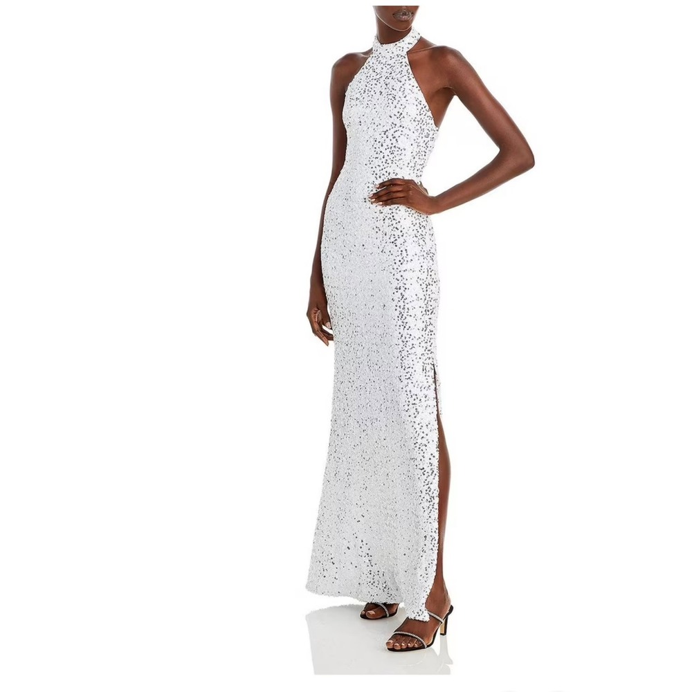 AQUA Formal Dress Womens Small White Sequin Halter Open Back Maxi Sequin Halter